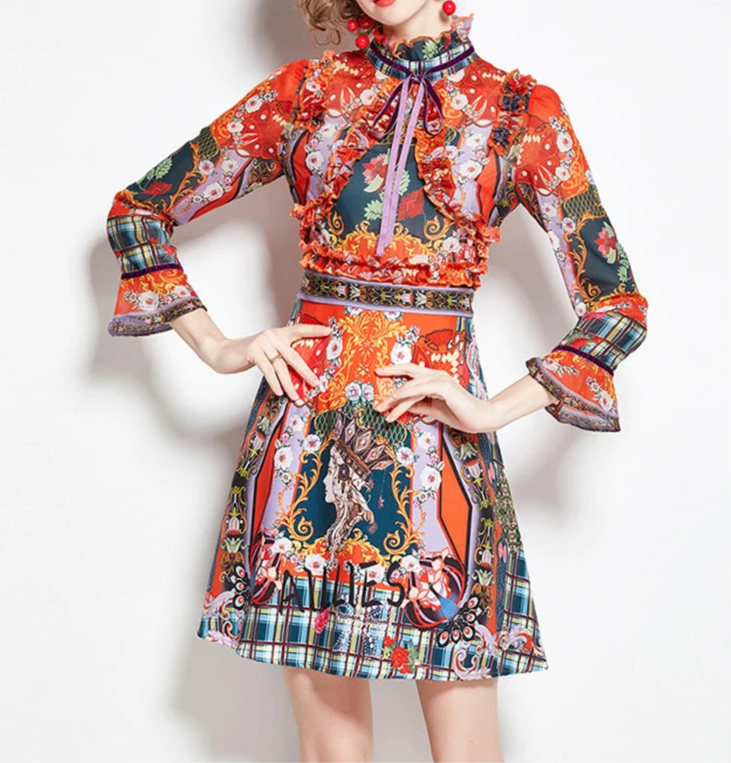 Elegant Flare Sleeve Ruffles Retro Printed Dress