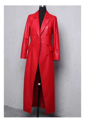 Extra Long Red Soft Faux Leather Trench Coat