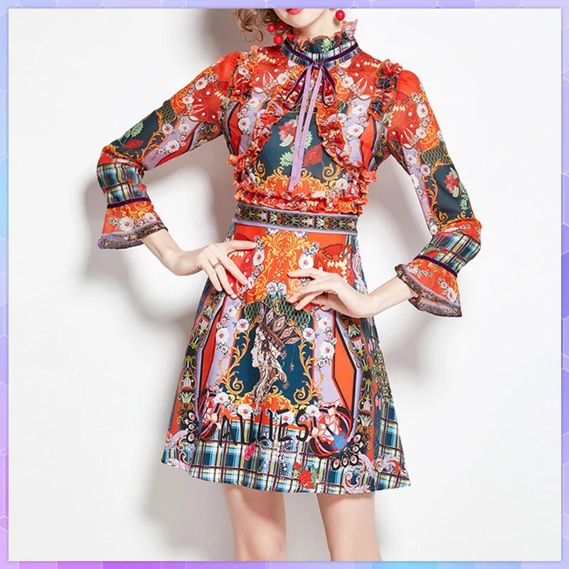 Elegant Flare Sleeve Ruffles Retro Printed Dress