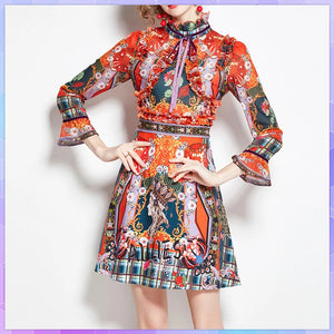 Elegant Flare Sleeve Ruffles Retro Printed Dress