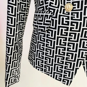 Designer Jacket Women's Double Breasted Lion Buttons Geometrical Jacquard Blazer