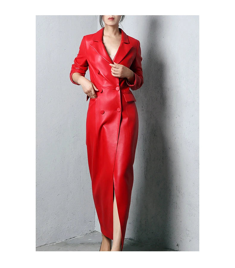 Extra Long Red Soft Faux Leather Trench Coat