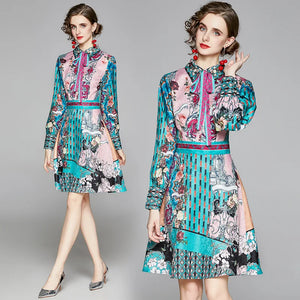 Elegant Flare Sleeve Ruffles Retro Printed Dress