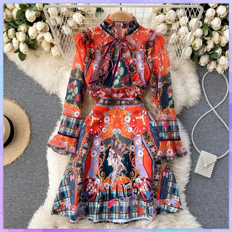 Elegant Flare Sleeve Ruffles Retro Printed Dress