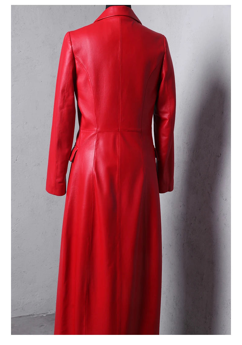 Extra Long Red Soft Faux Leather Trench Coat