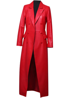 Extra Long Red Soft Faux Leather Trench Coat