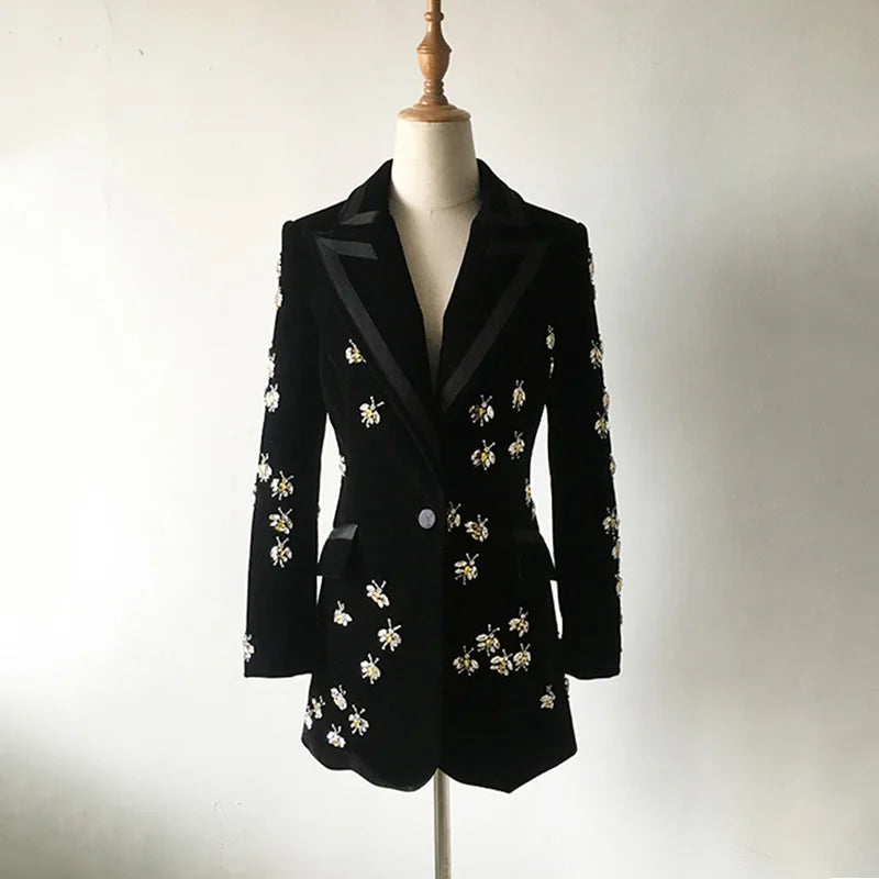 High Street Luxury Black Velvet Blazers Notched Animal Bee Beading Fit Blazer Coat