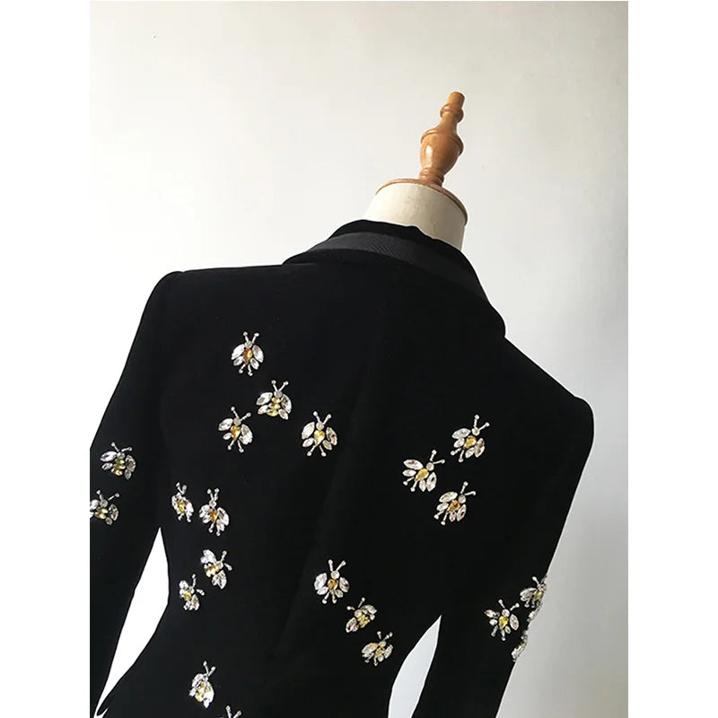 High Street Luxury Black Velvet Blazers Notched Animal Bee Beading Fit Blazer Coat