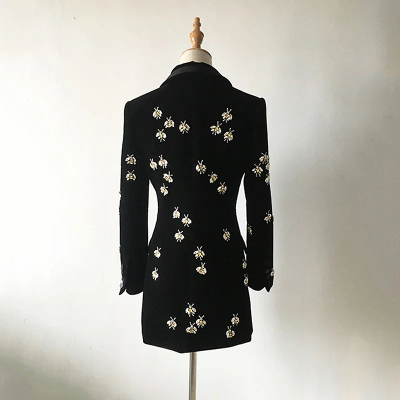 High Street Luxury Black Velvet Blazers Notched Animal Bee Beading Fit Blazer Coat