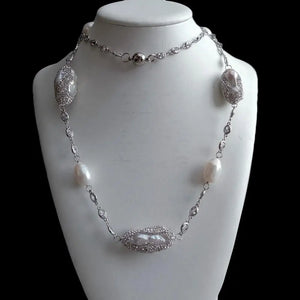 White Color Crystal Pave Cultured Freshwater Pearl Long Chain Necklace  33"