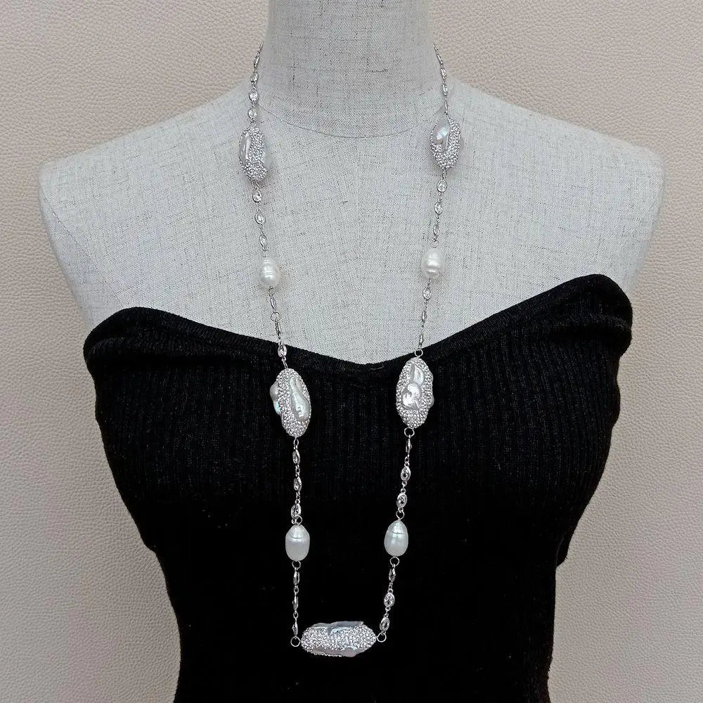 White Color Crystal Pave Cultured Freshwater Pearl Long Chain Necklace  33"