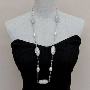 White Color Crystal Pave Cultured Freshwater Pearl Long Chain Necklace  33"