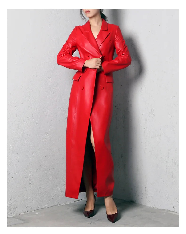 Extra Long Red Soft Faux Leather Trench Coat