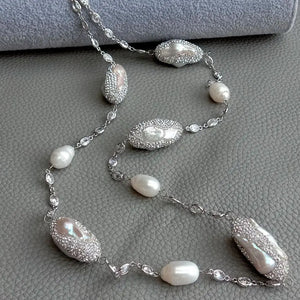 White Color Crystal Pave Cultured Freshwater Pearl Long Chain Necklace  33"