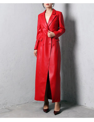 Extra Long Red Soft Faux Leather Trench Coat