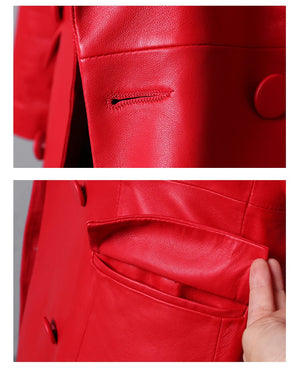 Extra Long Red Soft Faux Leather Trench Coat