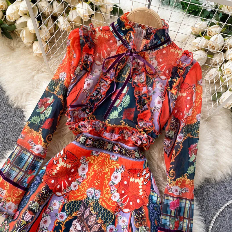 Elegant Flare Sleeve Ruffles Retro Printed Dress