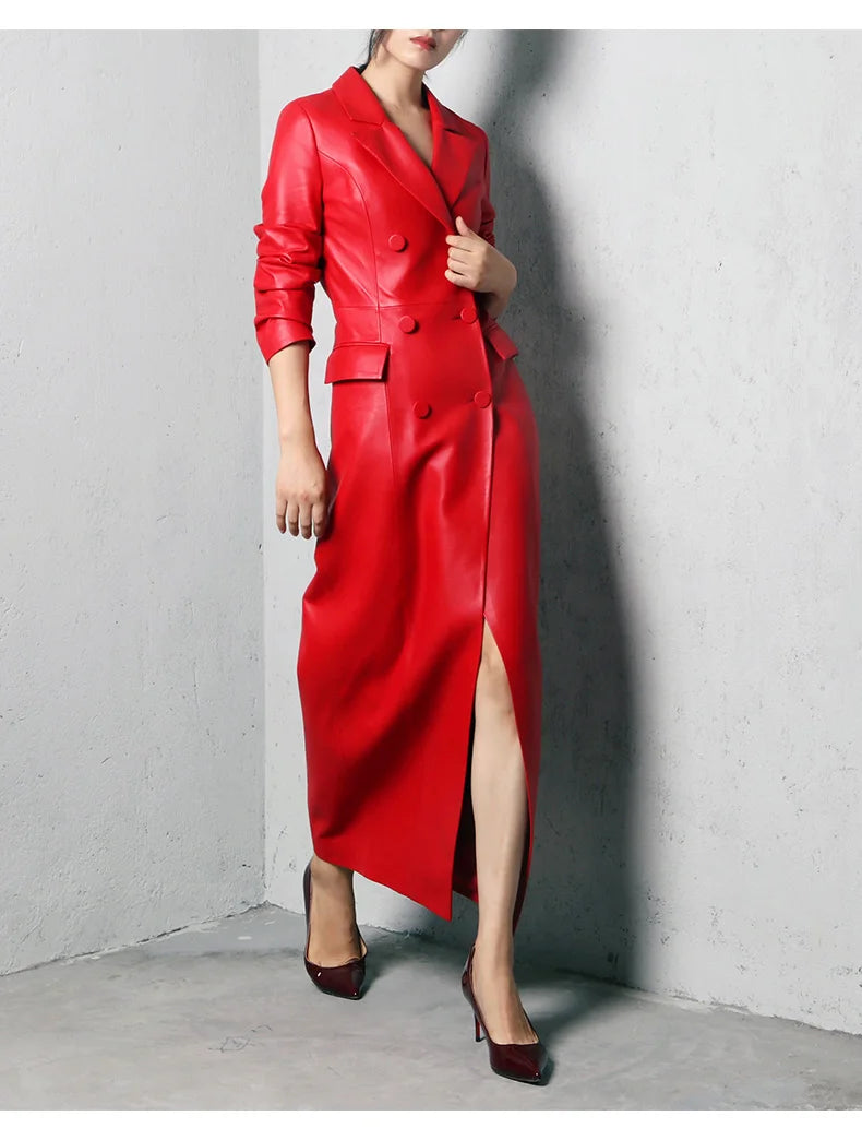 Extra Long Red Soft Faux Leather Trench Coat