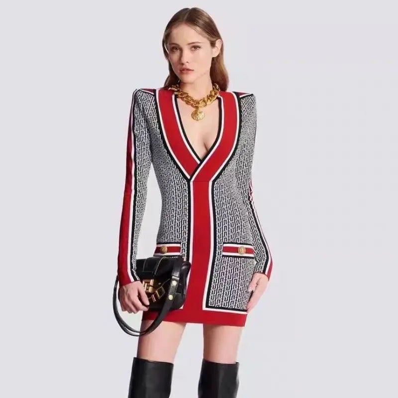 Luxury Vintage V-neck Knitted Sweater Dress