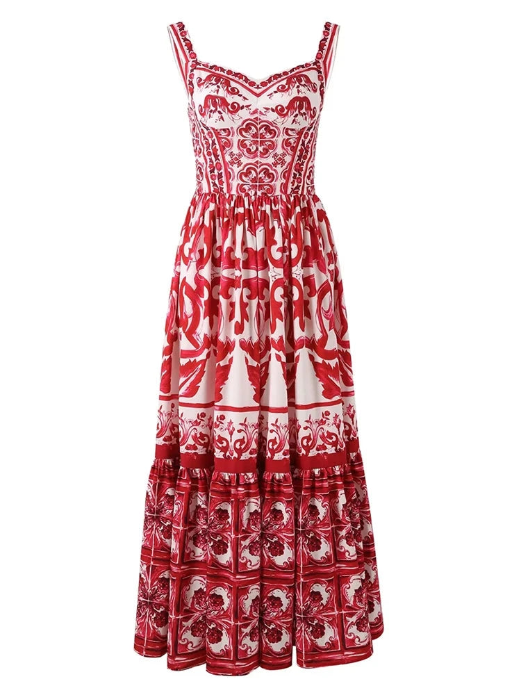 Runway Red Flower Print Back Elastic Dress