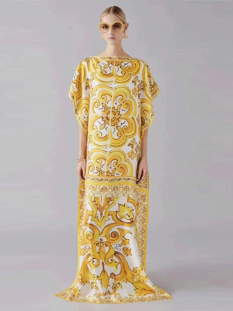 Designer Retro Geometric Print Batsleeve Loose Dress