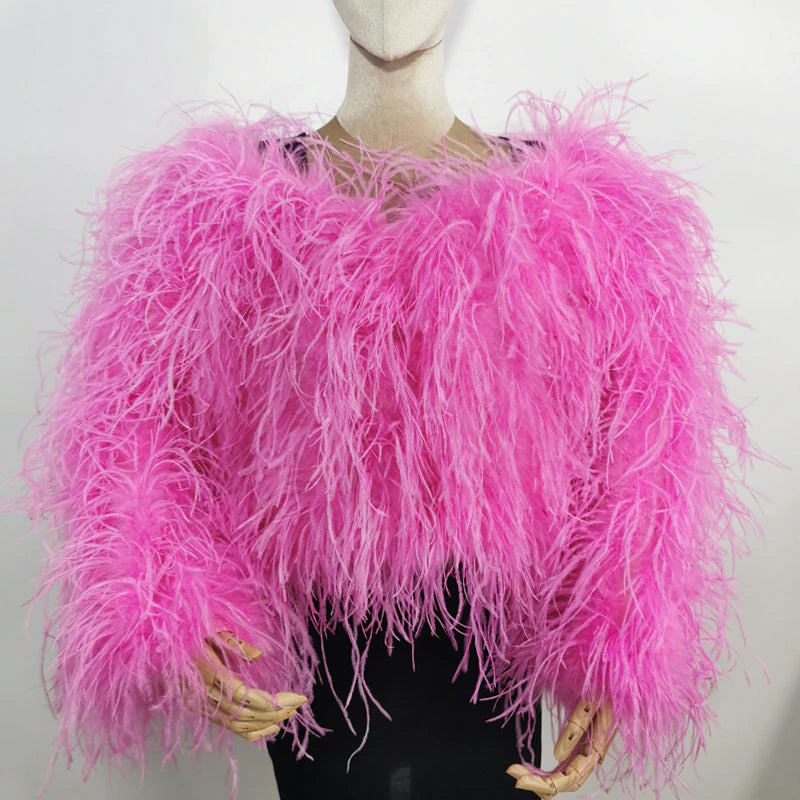 100% Real Ostrich Feather Off Shoulder Short Coat Length 40 cm