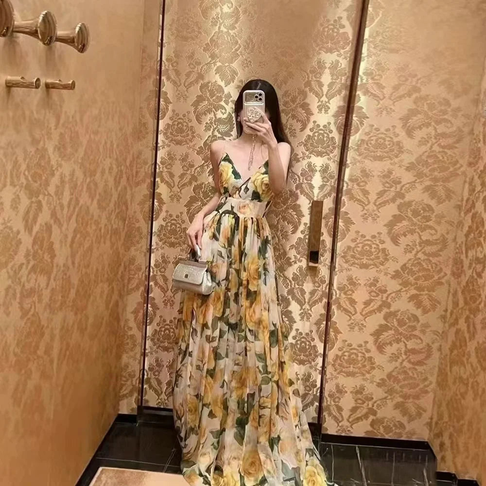 Runway Elegant Summer Yellow Rose Flower Print Long Dress