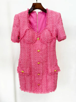 Designer Square Collar Lion Buttons Fringed Tweed Dress