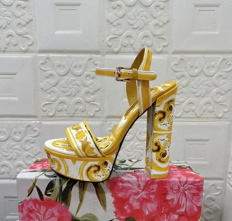 Yellow Flower Printed Platform Sandals