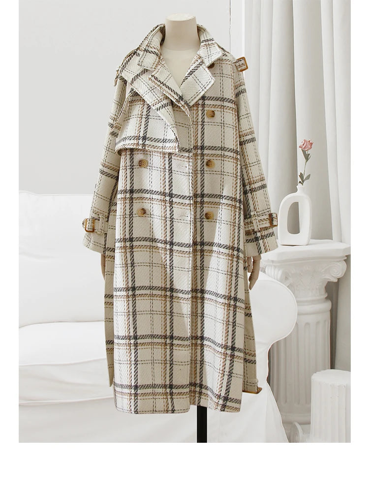 Long Loose Warm Plaid Wool Blends Trench Coat