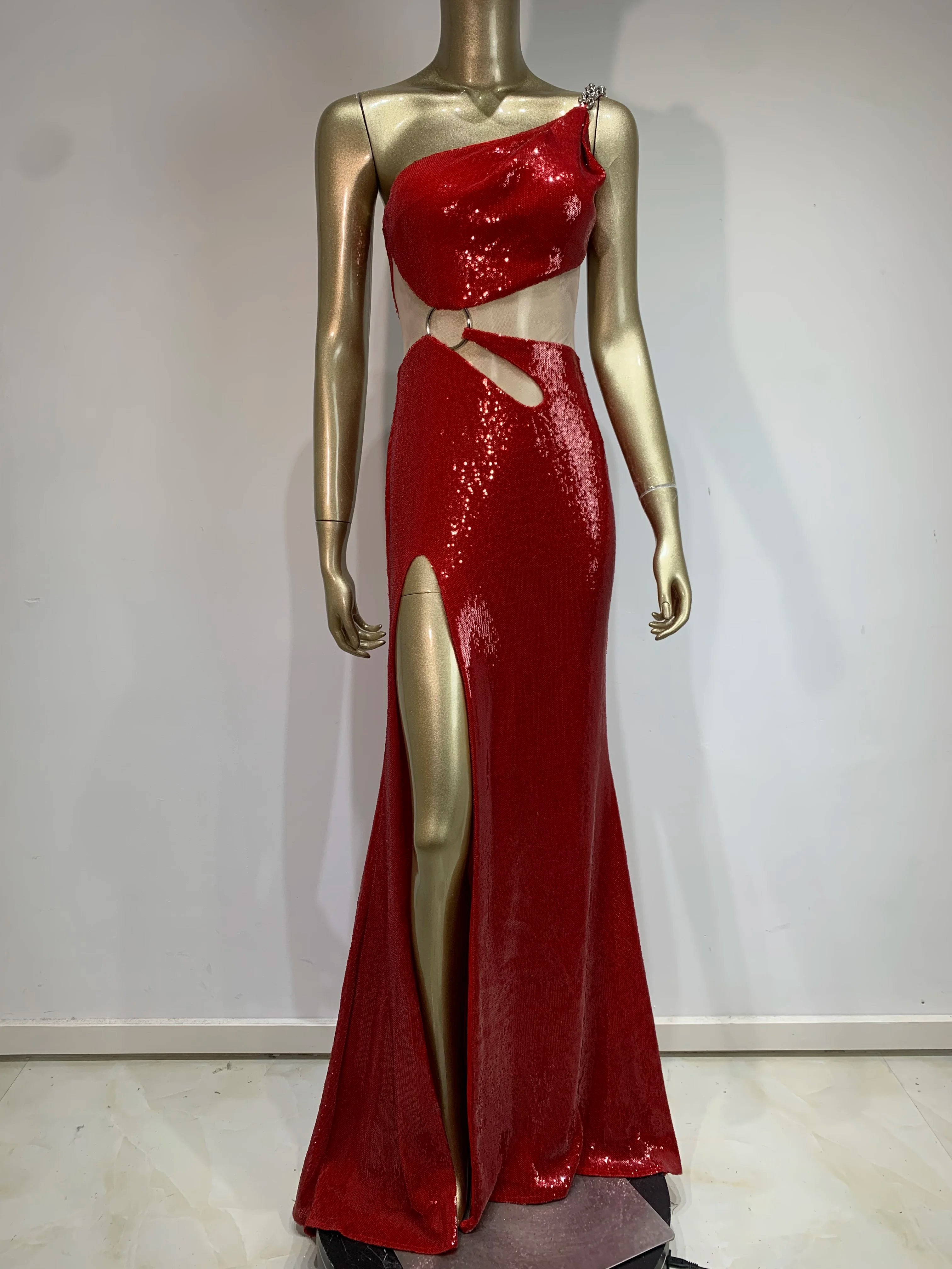 One Shoulder Cut Out Red Mesh Sequins Red Celebrity Dress