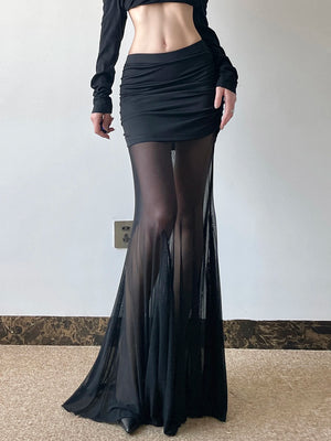 See Through Dark Solid Mesh Skirt