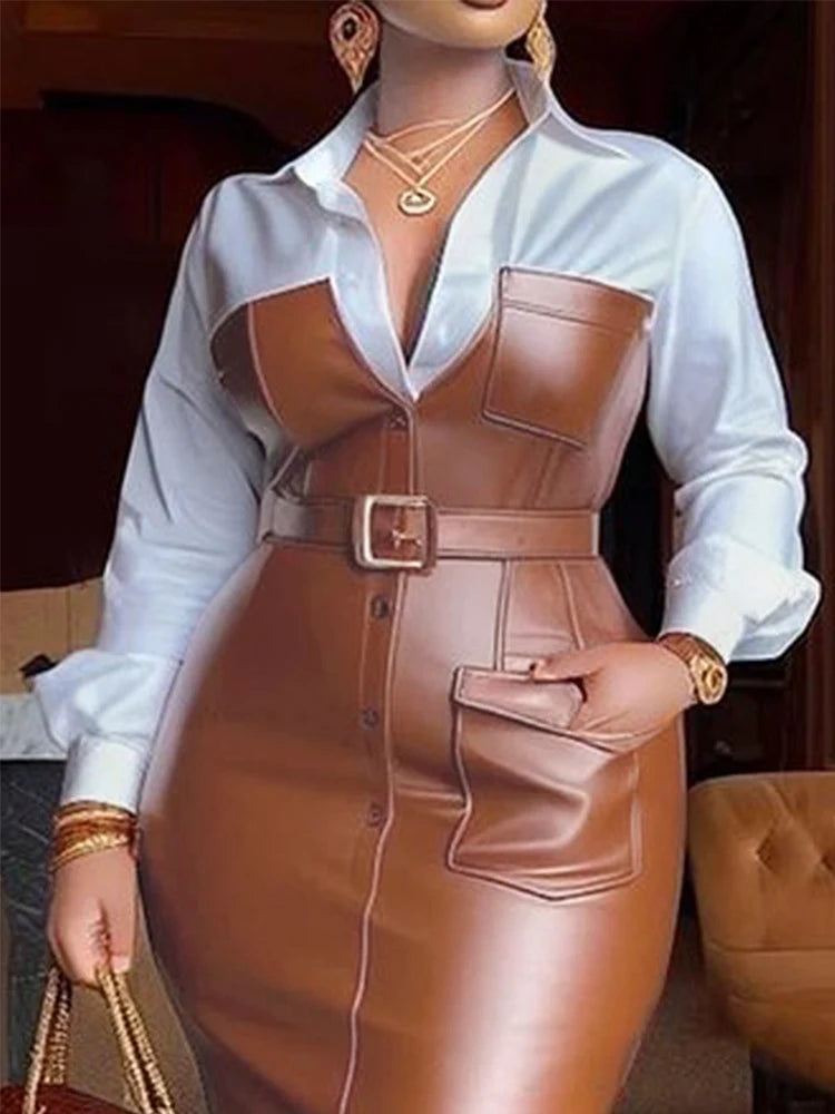 Shirt PU Skirt Patchwork Pocket Skinny Belted Lapel Female Midi Dress