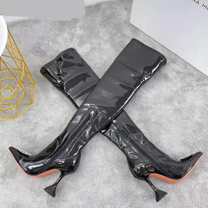 Patent Leather Black Rhinestone Flower Thigh High Boots