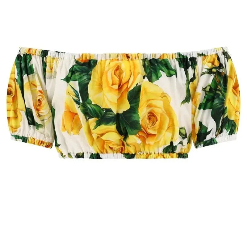 Poplin Yellow Rose Printed Spaghetti Strap Top+Poplin High-Waisted Half Skirt 2-Piece Set