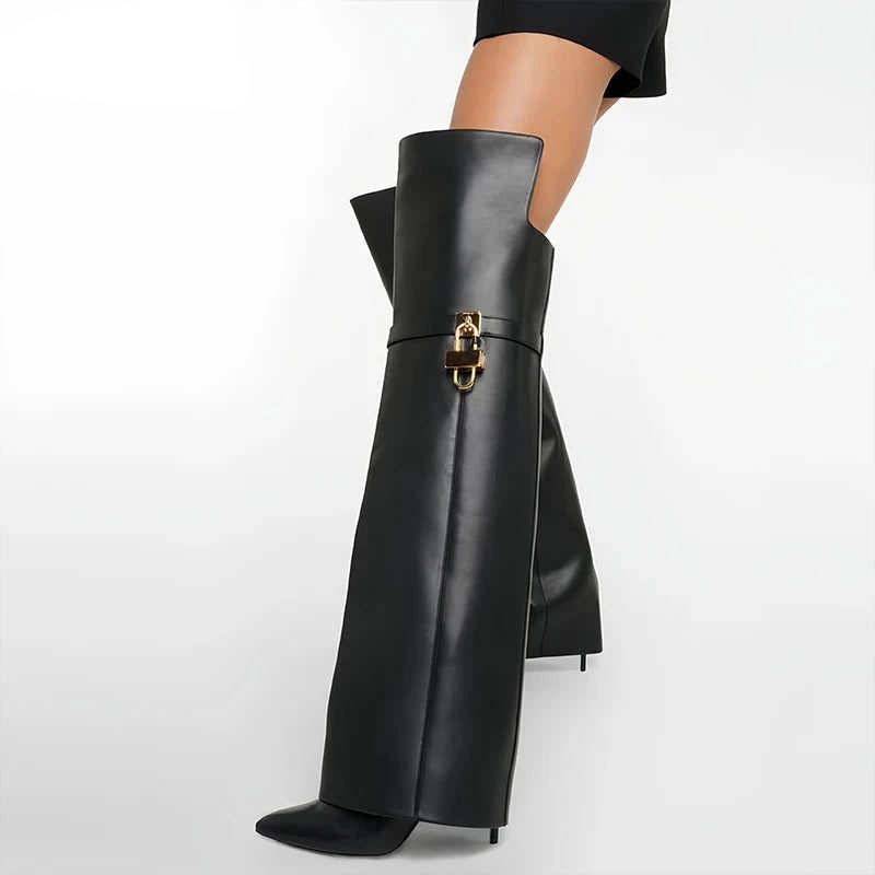 Over Knee Boots Pointed Toep Shark Lock Fold Boots