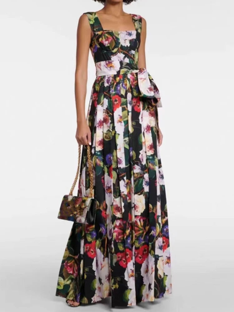 Rose Print Big Long Dress