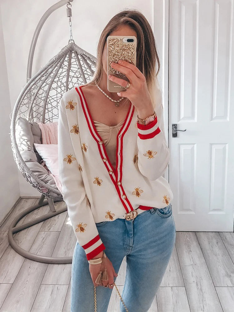 High Quality Designer Bee Embroidery Cardigan