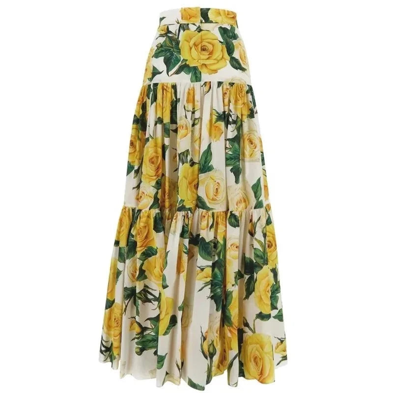 Poplin Yellow Rose Printed Spaghetti Strap Top+Poplin High-Waisted Half Skirt 2-Piece Set