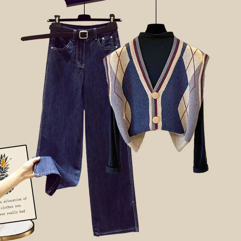 Western-style Knitting Vest Top Jeans Three Piece Set