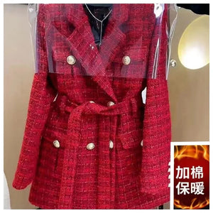 Red Black Coarse Tweed Woolen Coat