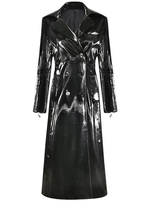 Long Black Waterproof Reflective Patent Leather Trench Coat