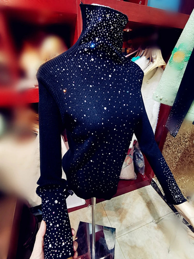 Luxury Style Sparking Diamonds Black Turtleneck Sweater