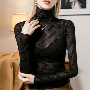 Letter High Neck Jacquard Mesh See Through Top