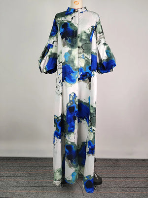 Printed Dress Stand Collar Lantern Sleeve Loose Fit Maxi Dress