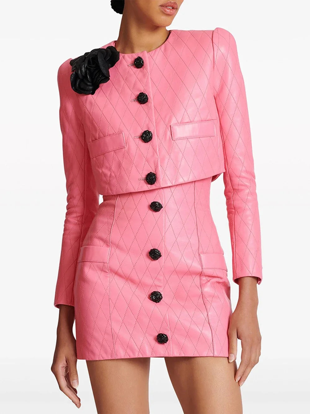 Pink Diamond Quilted Short Leather Jacket Leather Mini Skirt