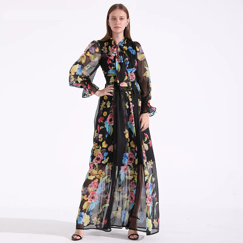 Scarf Collar Lantern Sleeve Floral Print Dresses