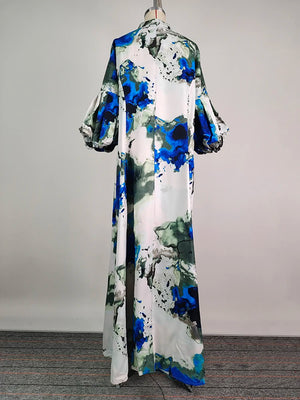 Printed Dress Stand Collar Lantern Sleeve Loose Fit Maxi Dress