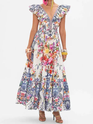 Designer Vintage Print Ruffled Sleeves Dress