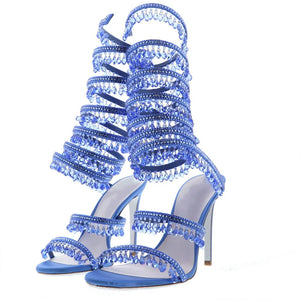 Summer Drop Rhinestone Padant Snake -Liked Straps Knee Sandals